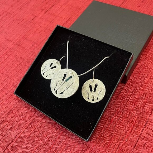 Jessie Senecal Handmade Sterling Sliver "Cattail" Locket Necklace and Earrings - Picture 4 of 5